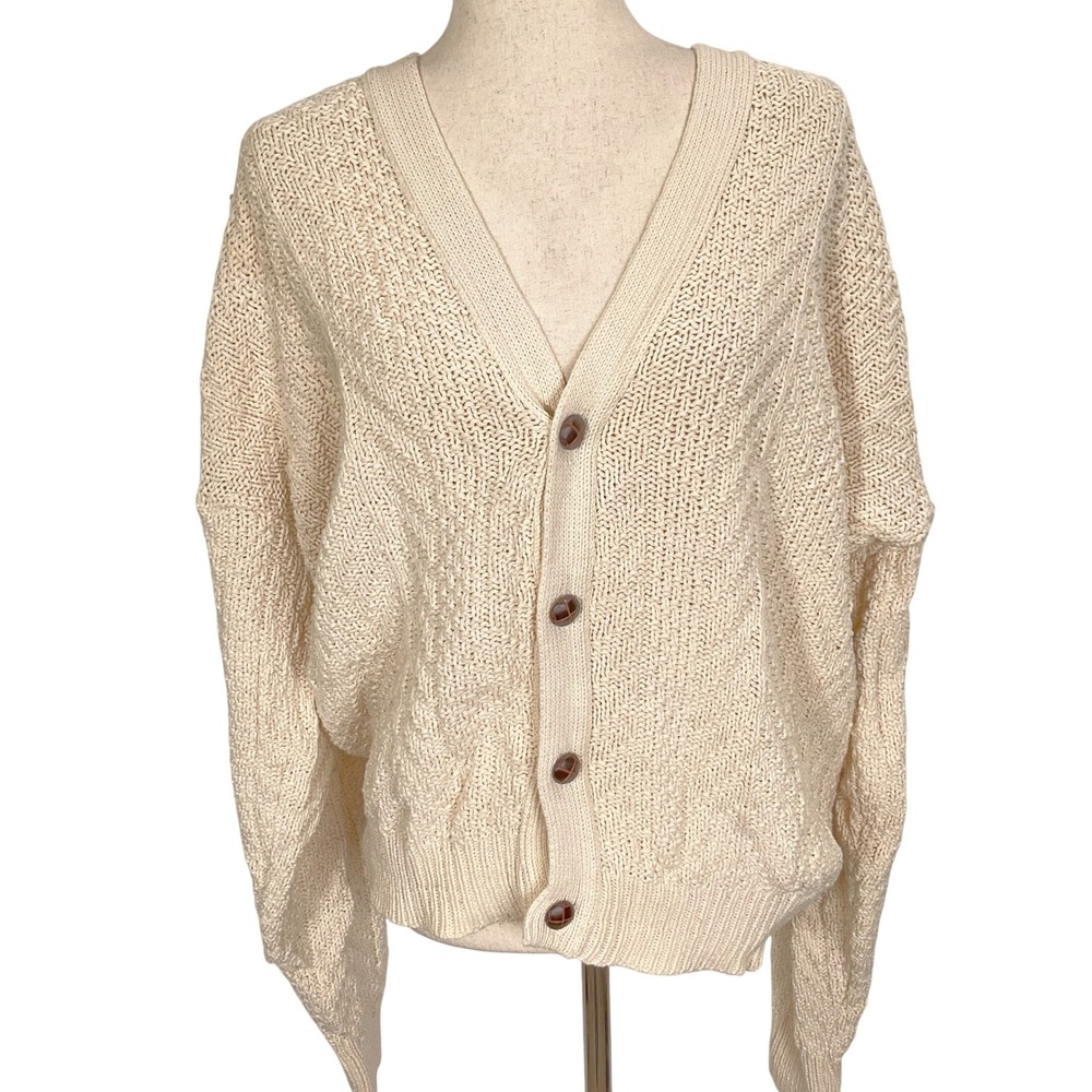 417 by‎ Van Heusen Cardigan Women Large Cream Grannycore Cotton Knit Sweater VTG